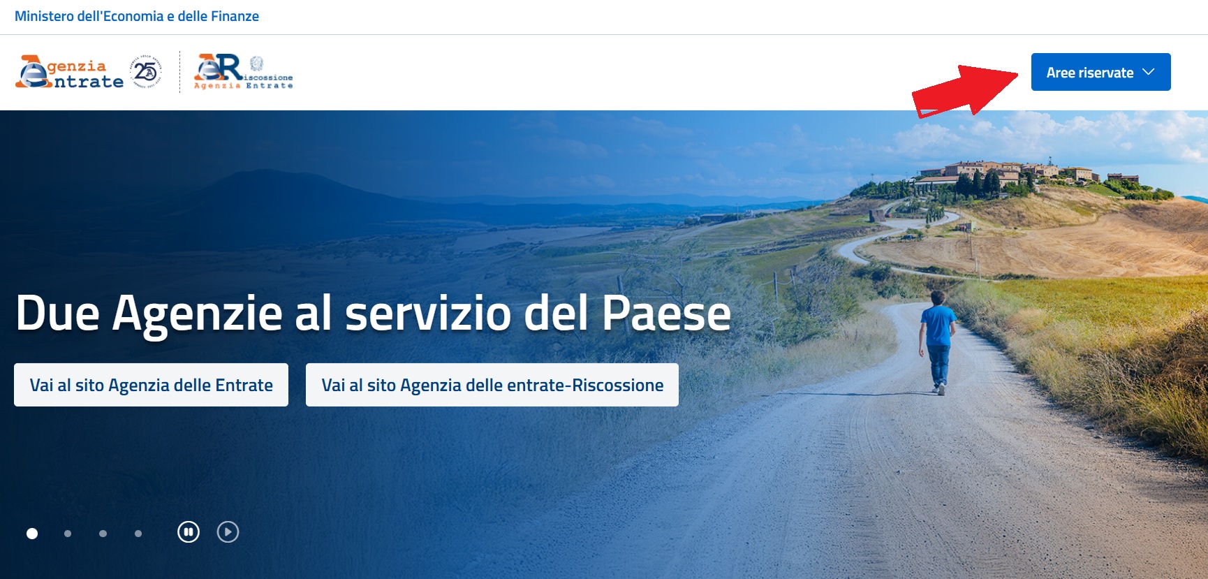 Home dell'Agenzia delle Entrate con il pulsante Area riservata evidenziato