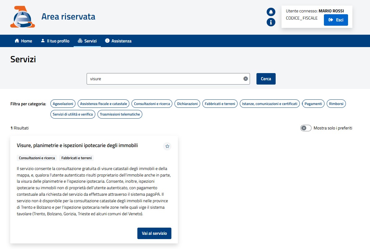 Ricerca del servizio Visure, planimetrie e ispezioni ipotecarie degli immobili