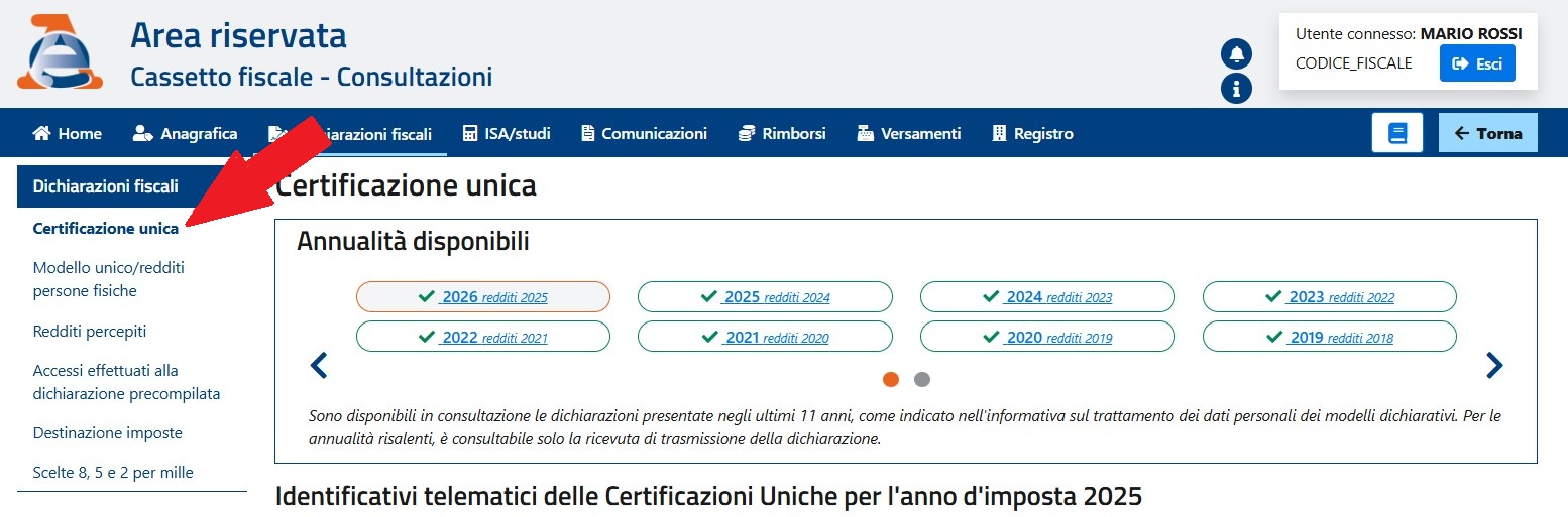 Menu laterale del Cassetto Fiscale con evidenziato il percorso Dichiarazioni e Certificazione Unica