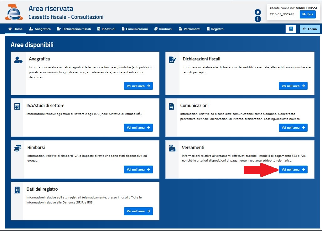 Scheda Versamenti del Cassetto fiscale (consultazioni)