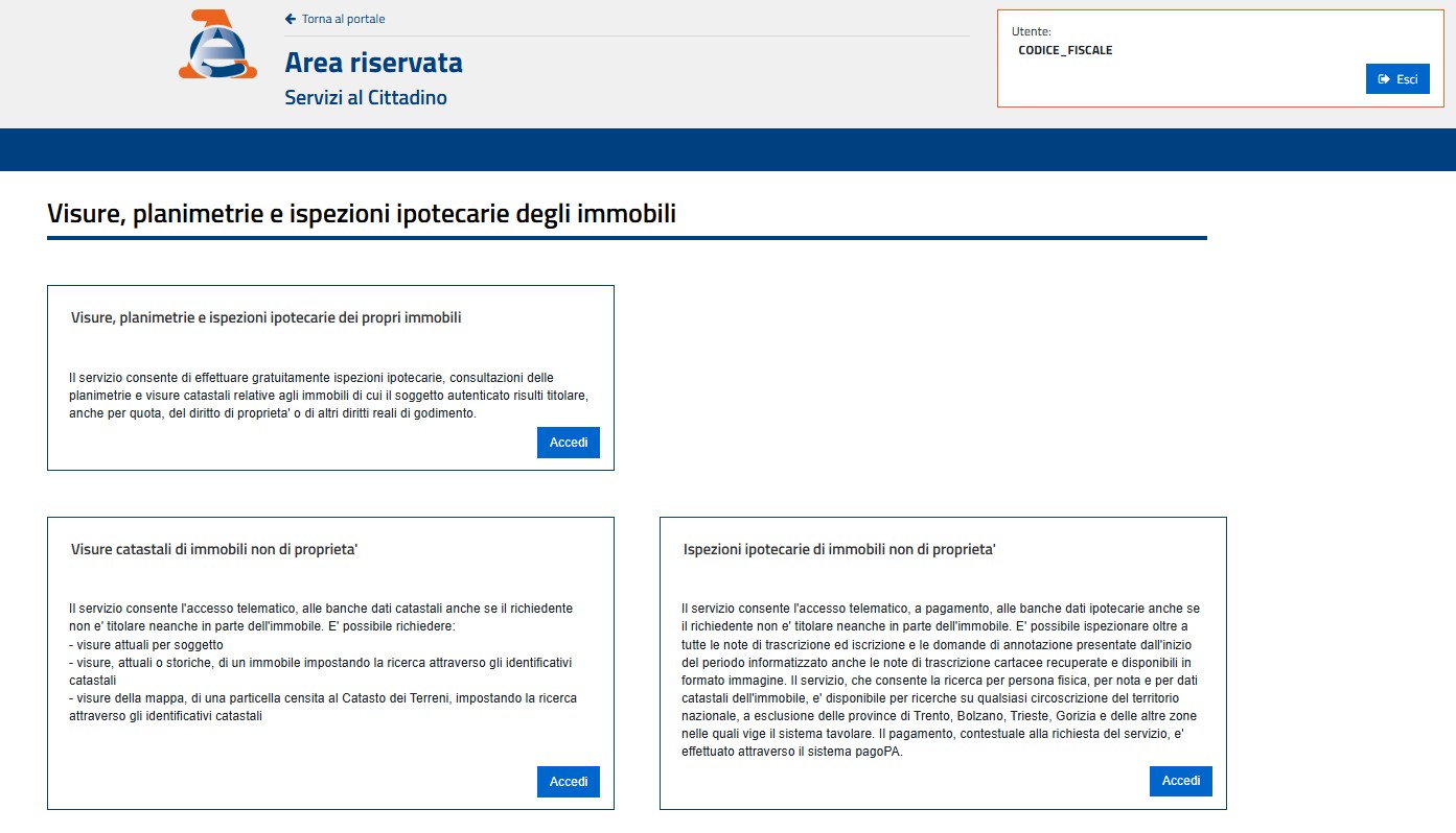 Pagina di selezione delle sezioni per visure catastali e ispezioni ipotecarie