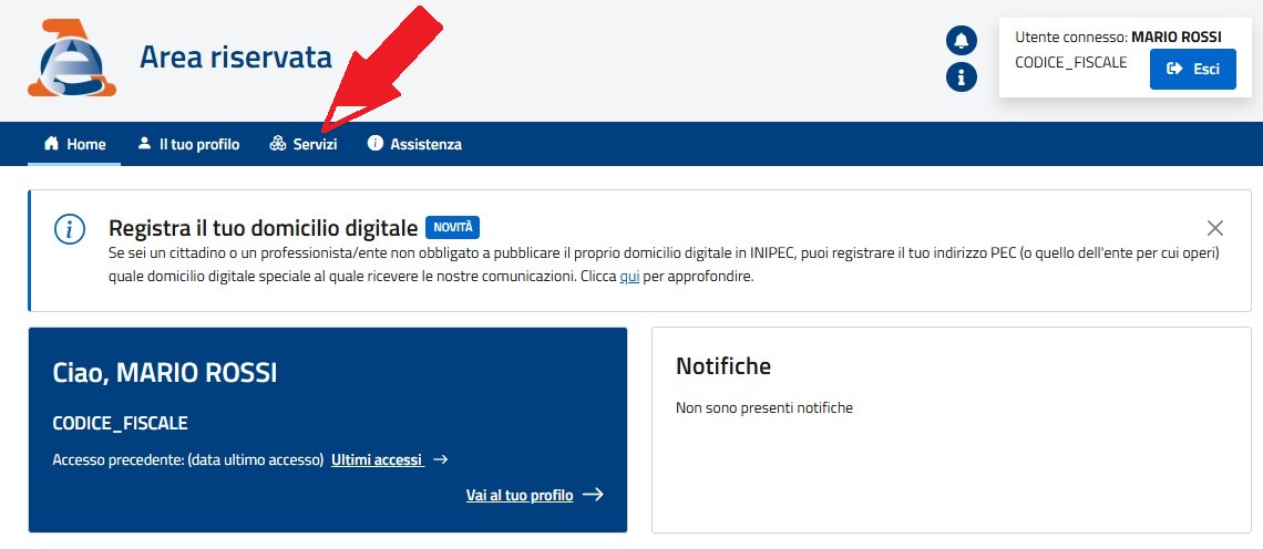 Schermata del portale Agenzia delle Entrate con evidenziato il clic sul menu Servizi