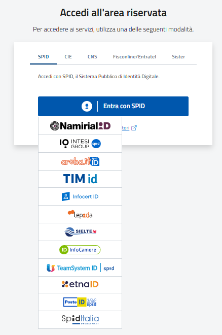 Schermata di accesso con le opzioni SPID e Carta d'Identità Elettronica