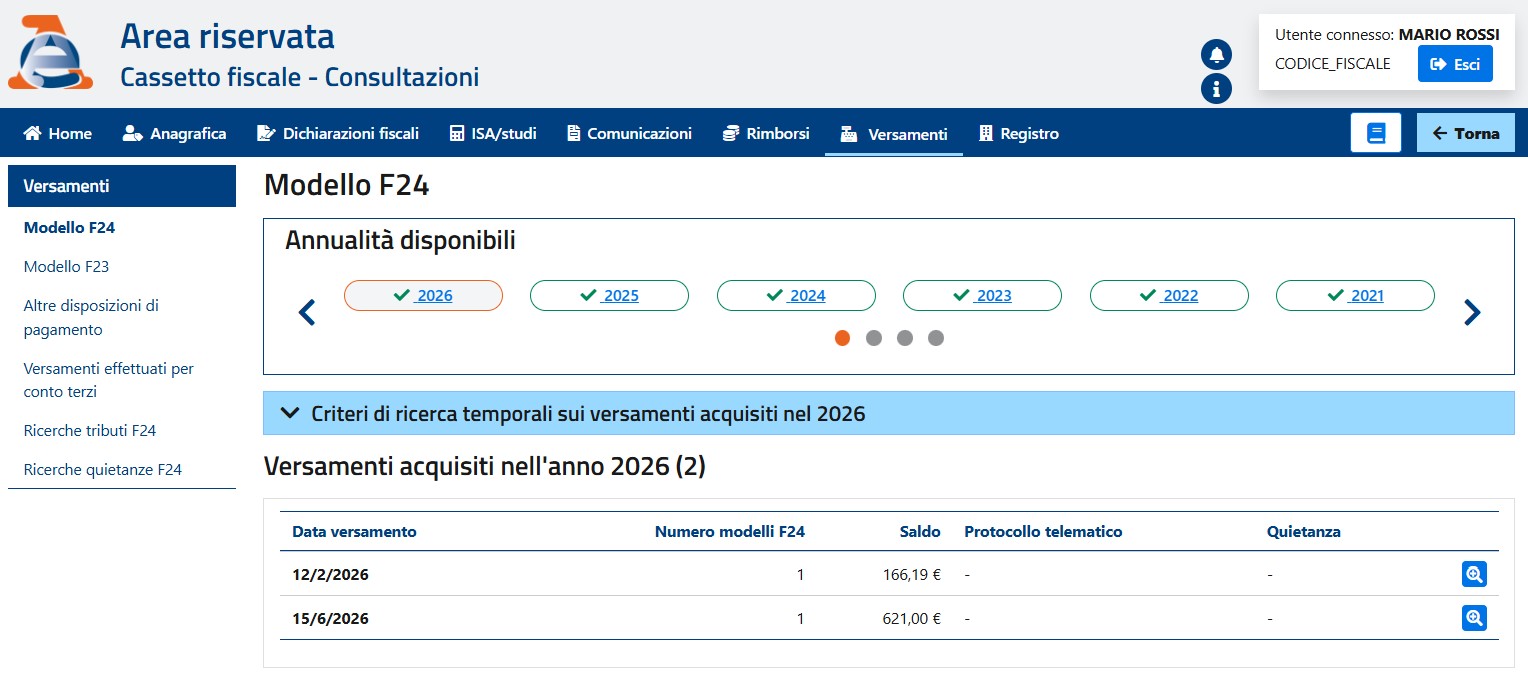 Tabella riepilogativa dell'elenco modelli F24 versati con dati di protocollo e importi
